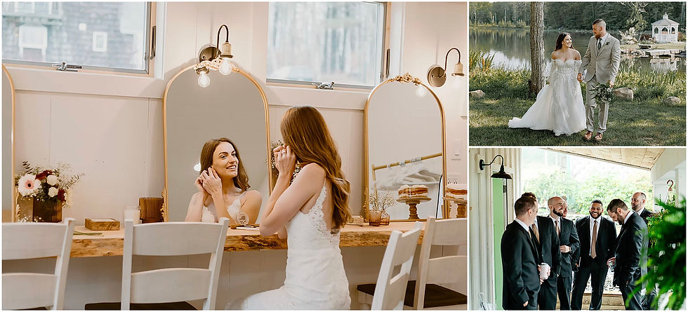 Bride enjoying a quiet moment in the bridal suite while the groom gets ready with the groomsmen outside the honeymoon suite at The Rosemary at Spano Lake, a Cooperstown, New York wedding venue