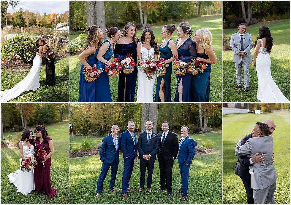 Wedding party portraits on a sunny lawn: bride, bridesmaids in navy, groomsmen in suits, and joyful hugs outdoors at The Rosemary at Spano Lake near Oneonta New York