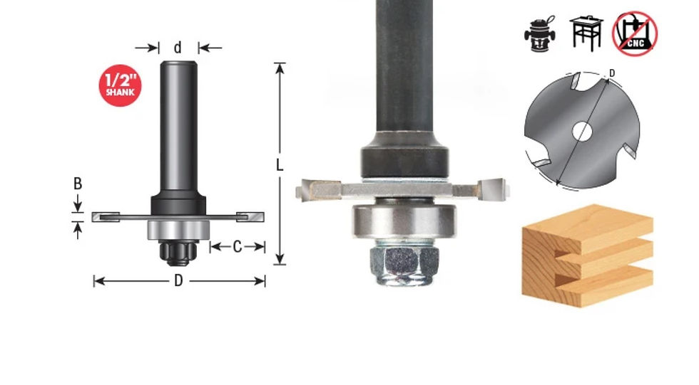 Miniatura: Amana Tool 53406-1 Conjunto de fresa ranuradora 3 Wing x 1-7/8 D x 1/8 CH x 1/2