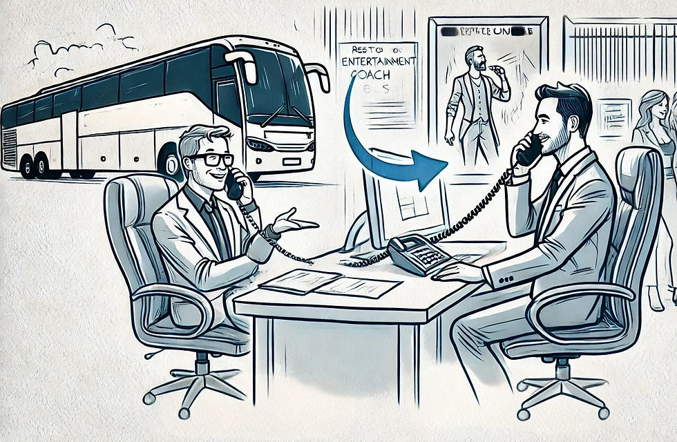 comedy tour manager on the phone with owner of entertainment coach company to rent tour bus