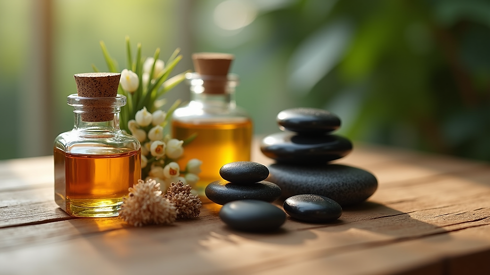 Close-up view of massage oils and stones arranged on a wooden table