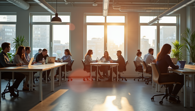Eye-level view of a bright coworking space with diverse small business teams collaborating
