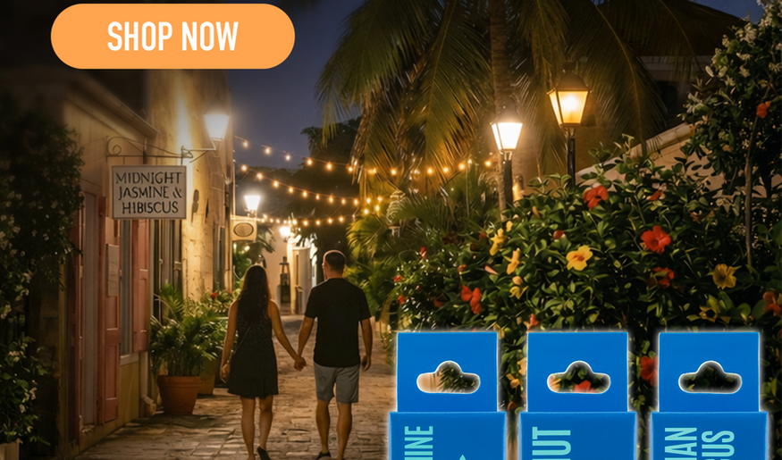 Couple walking through a tropical alley at night with palm trees and string lights, representing midnight jasmine, coconut, and Hawaiian hibiscus Smelly Sticks.