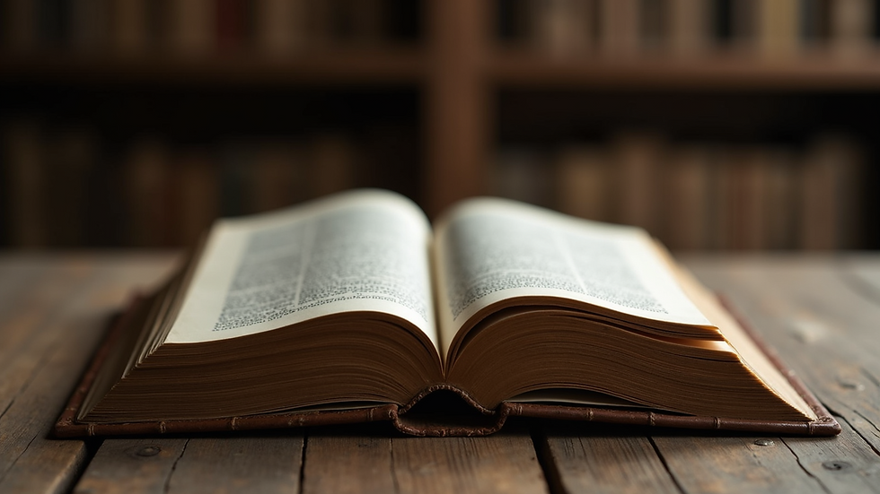 Eye-level view of an ancient book resting on a wooden table