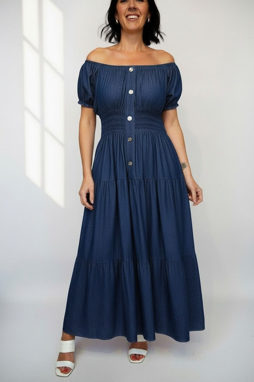 Denim Button Front Bardot Neckline Maxi Dress in Dark Wash Denim