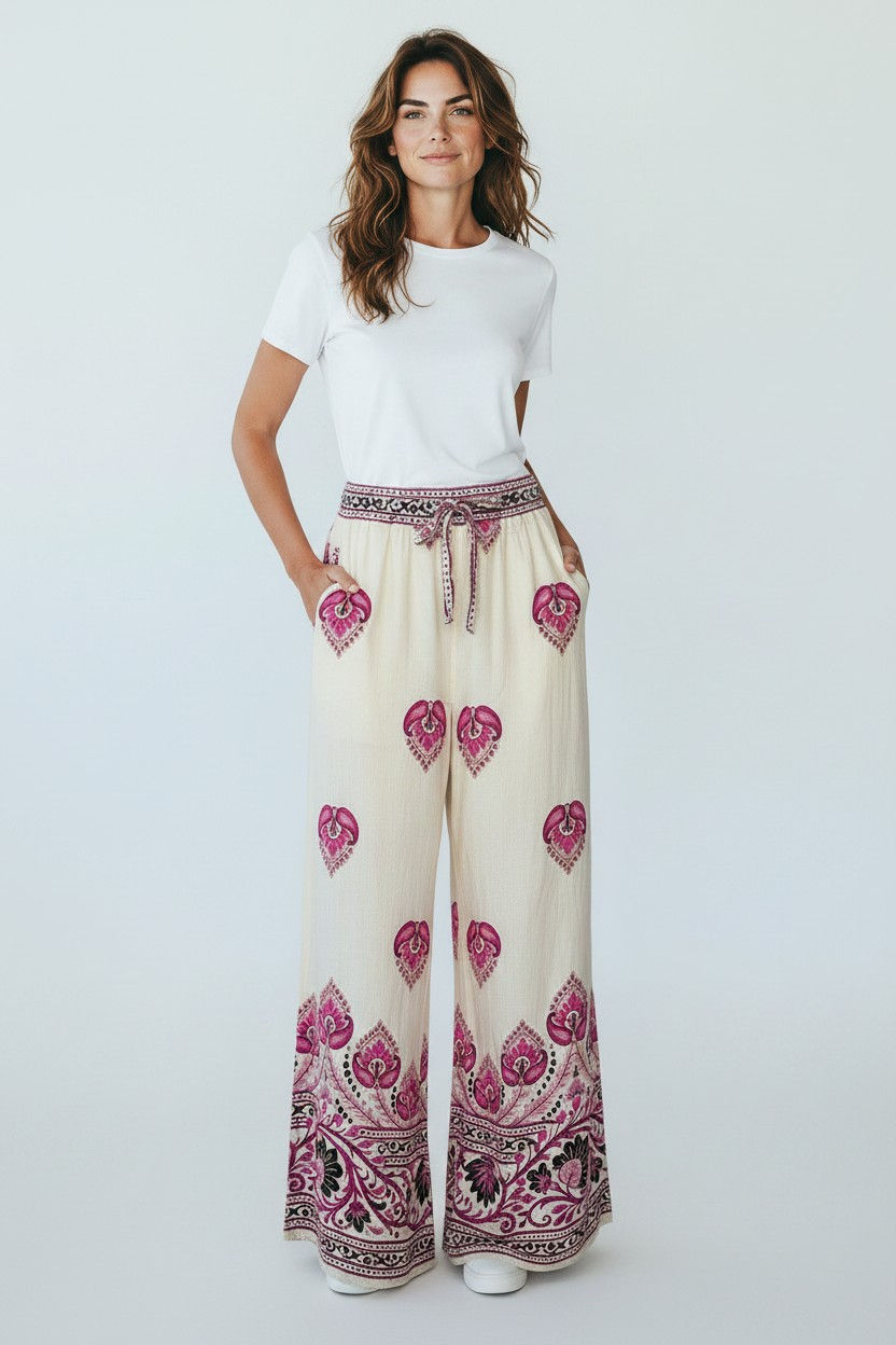 Printed Drawstring Wide Leg Summer Trousers