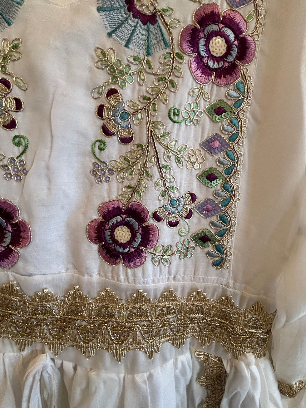 Thumbnail: Embroidery Maxi Dress - Purple Floral Gold Ribbon Waist Tassel Tie