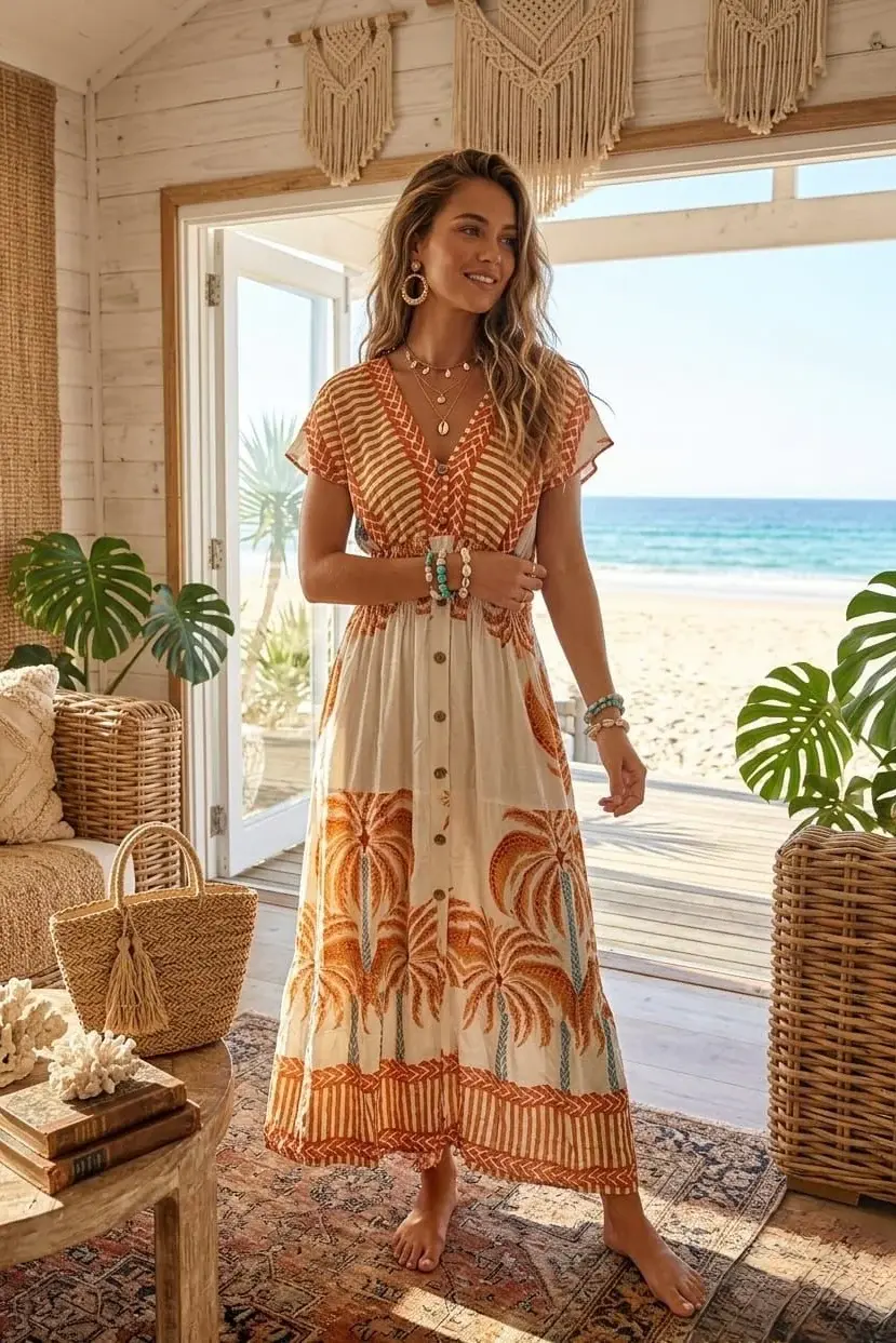 Thumbnail: Palm Tree Print Button Detail Maxi Dress with Hidden Side Pockets