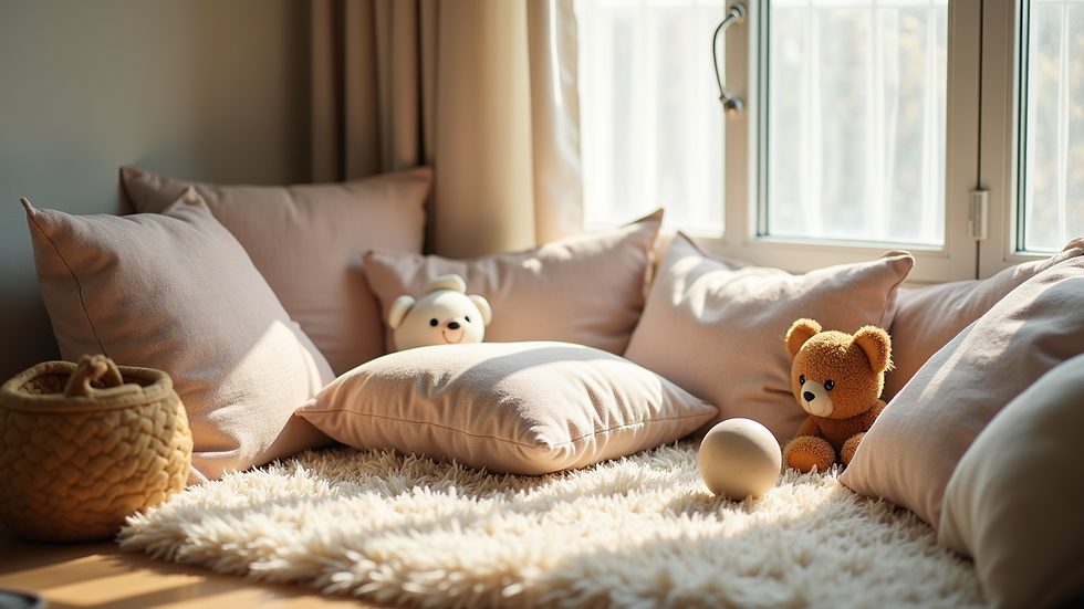 High angle view of a quiet, cozy corner with soft cushions and sensory toys