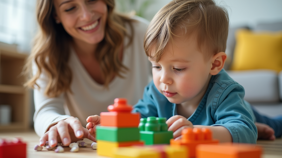 Close-up view of a parent and child playing with colorful building blocks