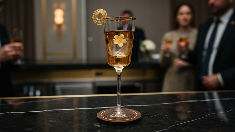 Close-up view of a signature cocktail with elegant presentation at a corporate event