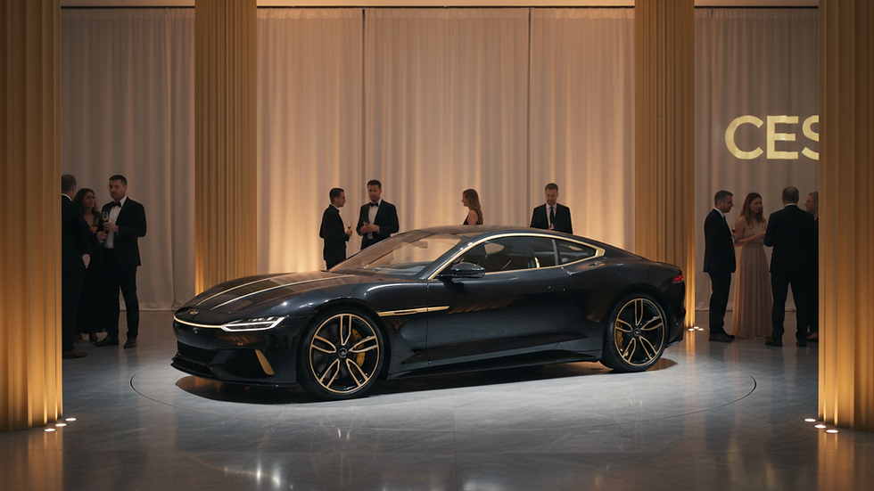 Eye-level view of a luxury car displayed at an exclusive event