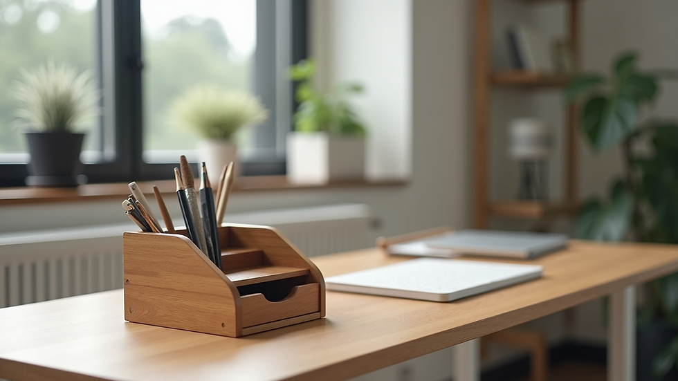 Close-up view of a personalized wooden desk organizer on a modern office desk