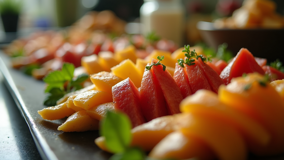 Close-up view of a gourmet catering platter with colorful appetizers