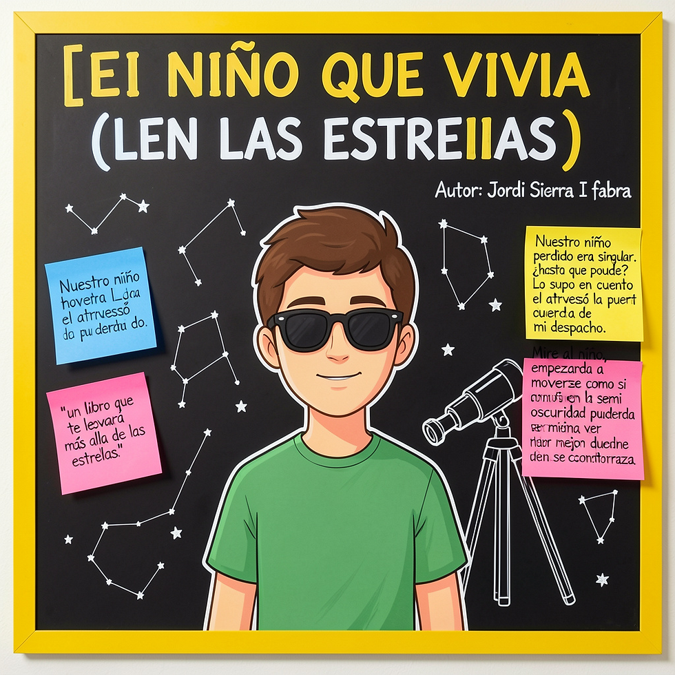 Niño rodeado de constelaciones, un telescopio y Post-its con frases del libro