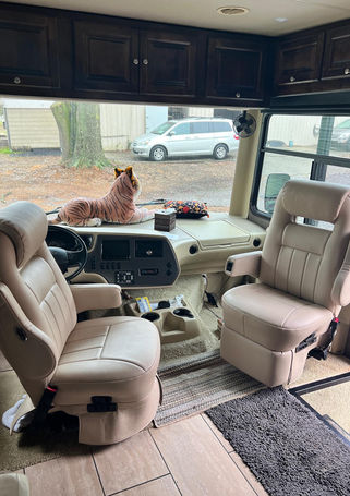 Two RV captain's chairs reupholstered in tan leather