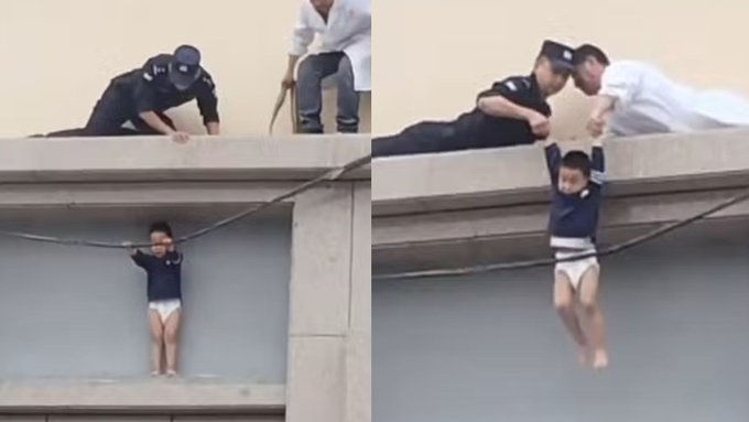 ASSISTA: Resgate Desesperado: Menino de 3 Anos é Salvo Após Ficar Pendurado em Parapeito a 10 Metros de Altura na China