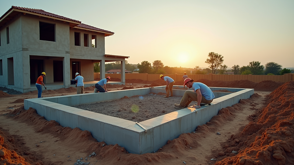 Wide angle view of a construction site with workers building a home foundation
