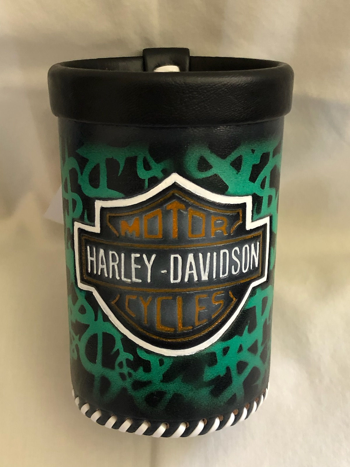 Handmade Leather Koozie - Harley Davidson - GREEN $$$