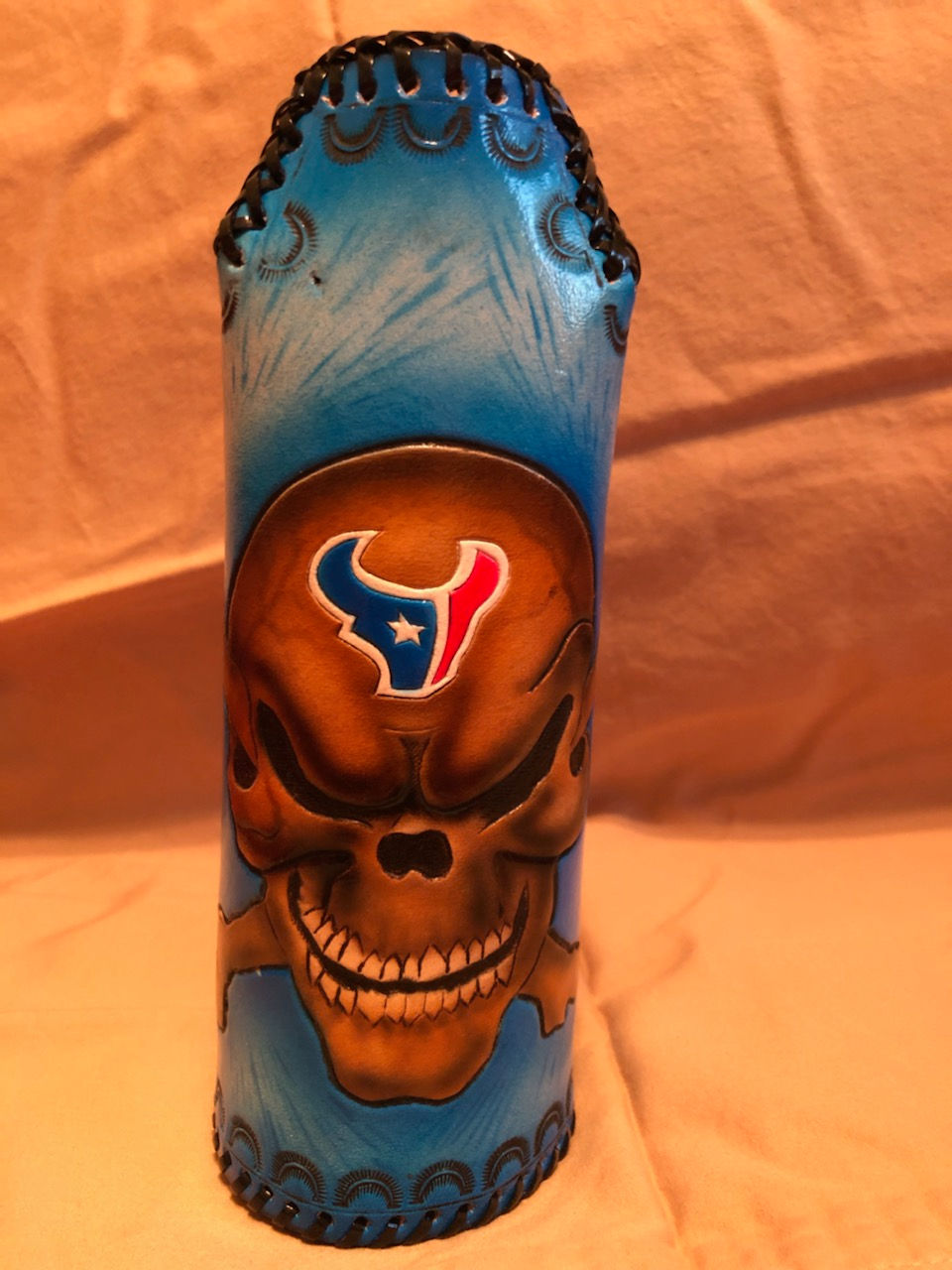 Handmade Leather Koozie - Houston Texans Football Skull Blue