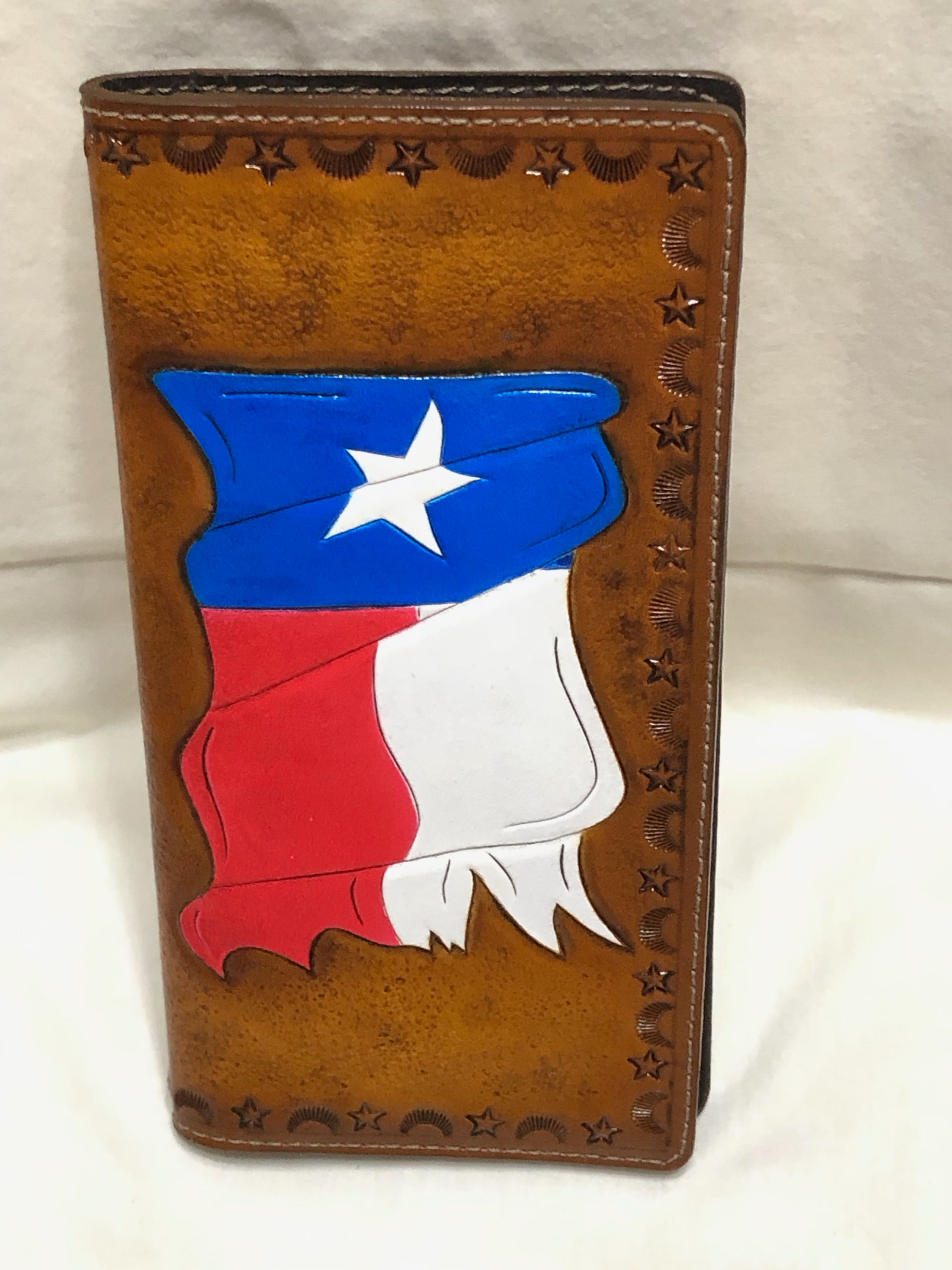 Men's Roper Style Leather Wallet - Texas Flag Light Brown