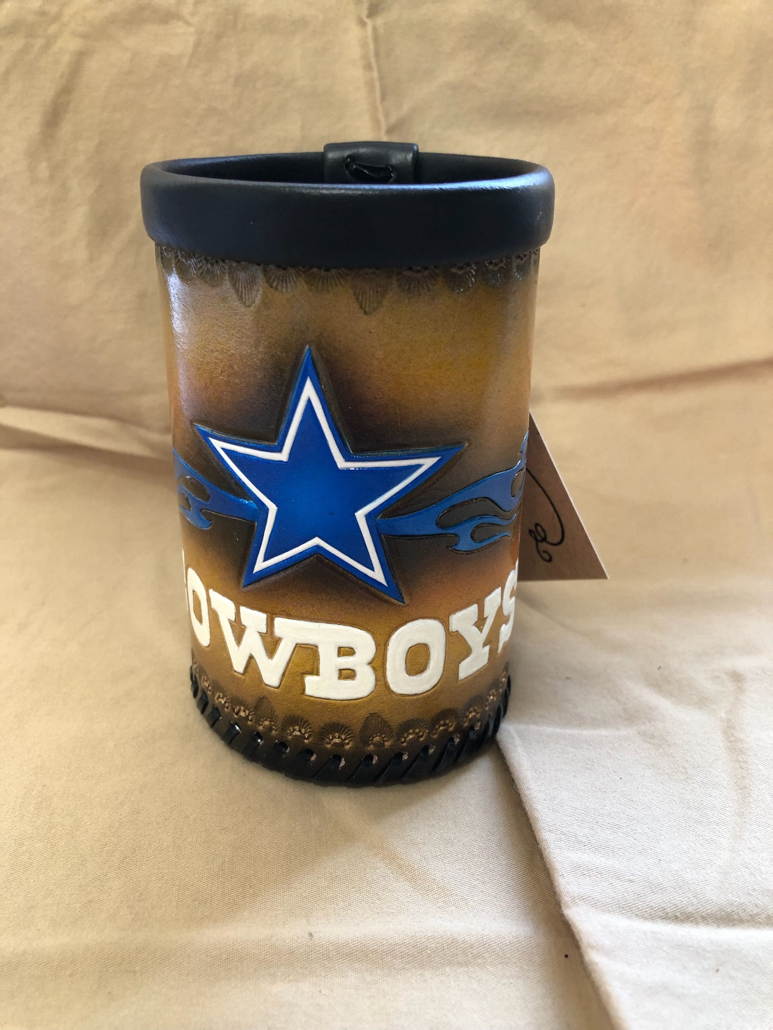 Handmade Leather Koozie - Dallas Cowboys Football