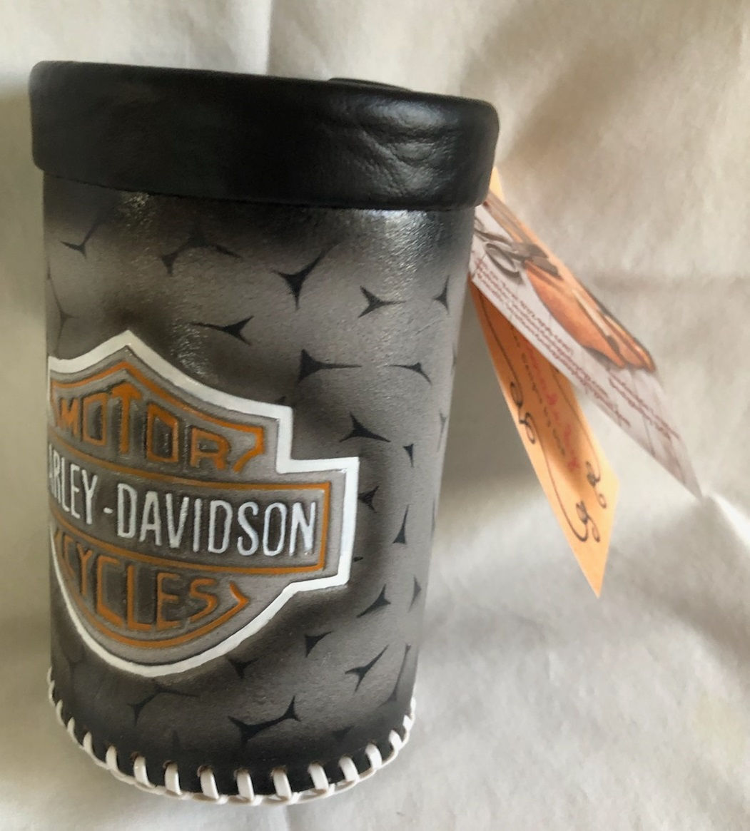 Handmade Leather Koozie - Harley Davidson - Silver