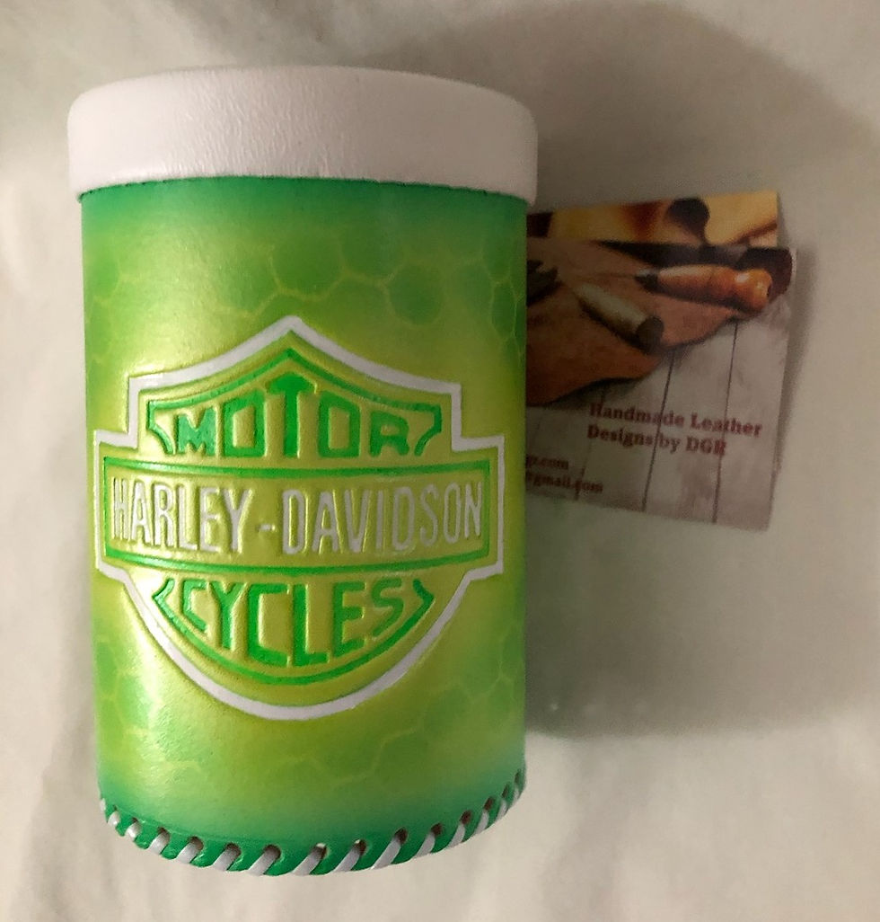 Handmade Leather Koozie - Harley Davidson - Lime Green
