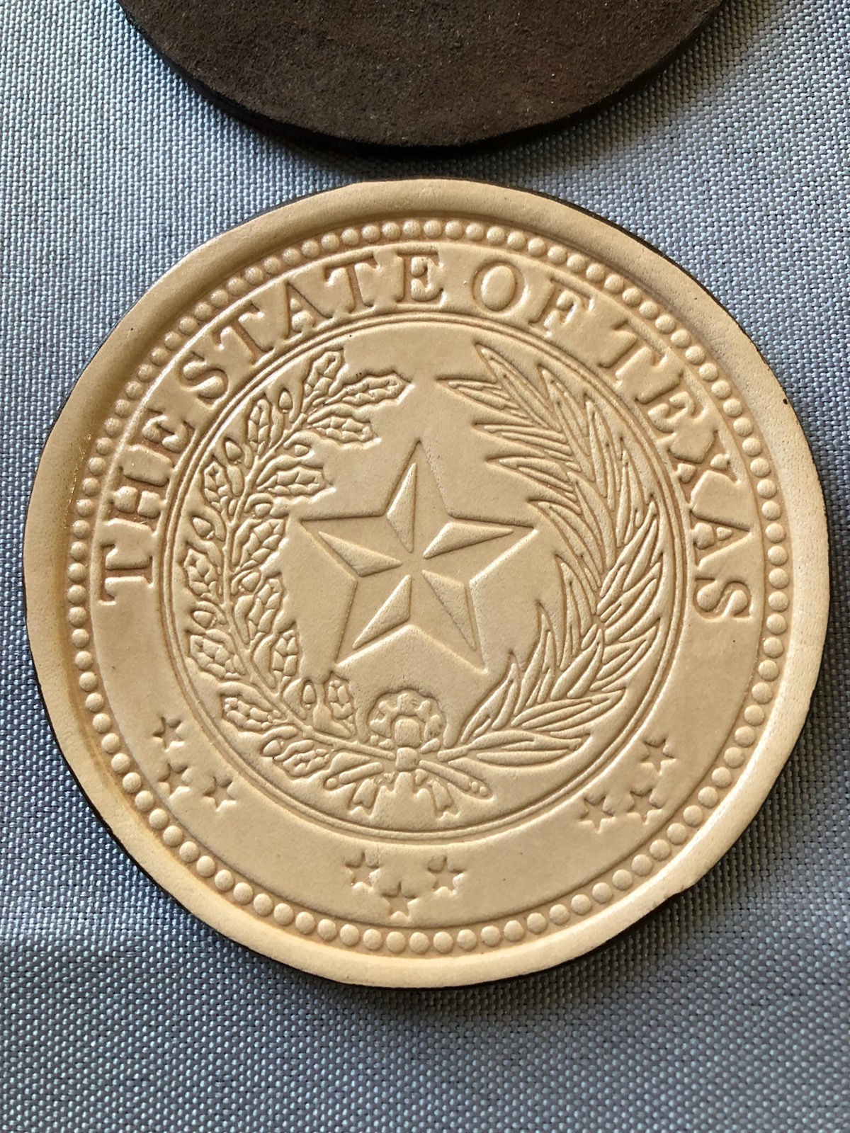 Set of Handcrafted Tooled Leather Coasters - State of Texas Seal