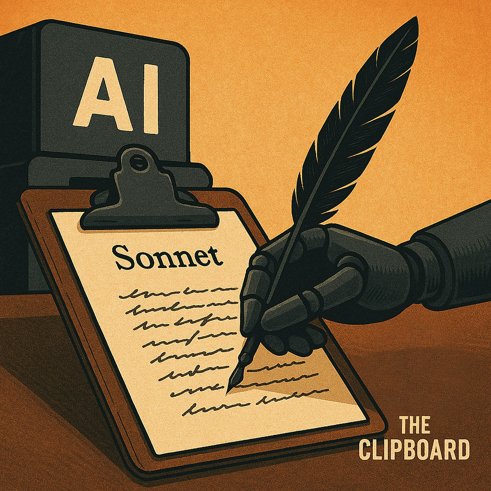 A robotic hand writes a sonnet with a quill on a clipboard. "AI" text on a device in the background. Brown and orange hues. Mood is creative.