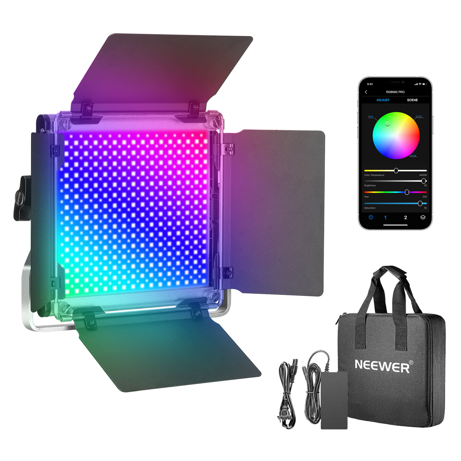 NEEWER 660 PRO RGB Led Video Light with APP Control/Barn Door/U Bracket, 360° F
