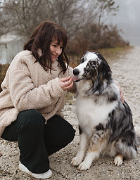 Gros chien avec sa maitresse assise à côté de lui