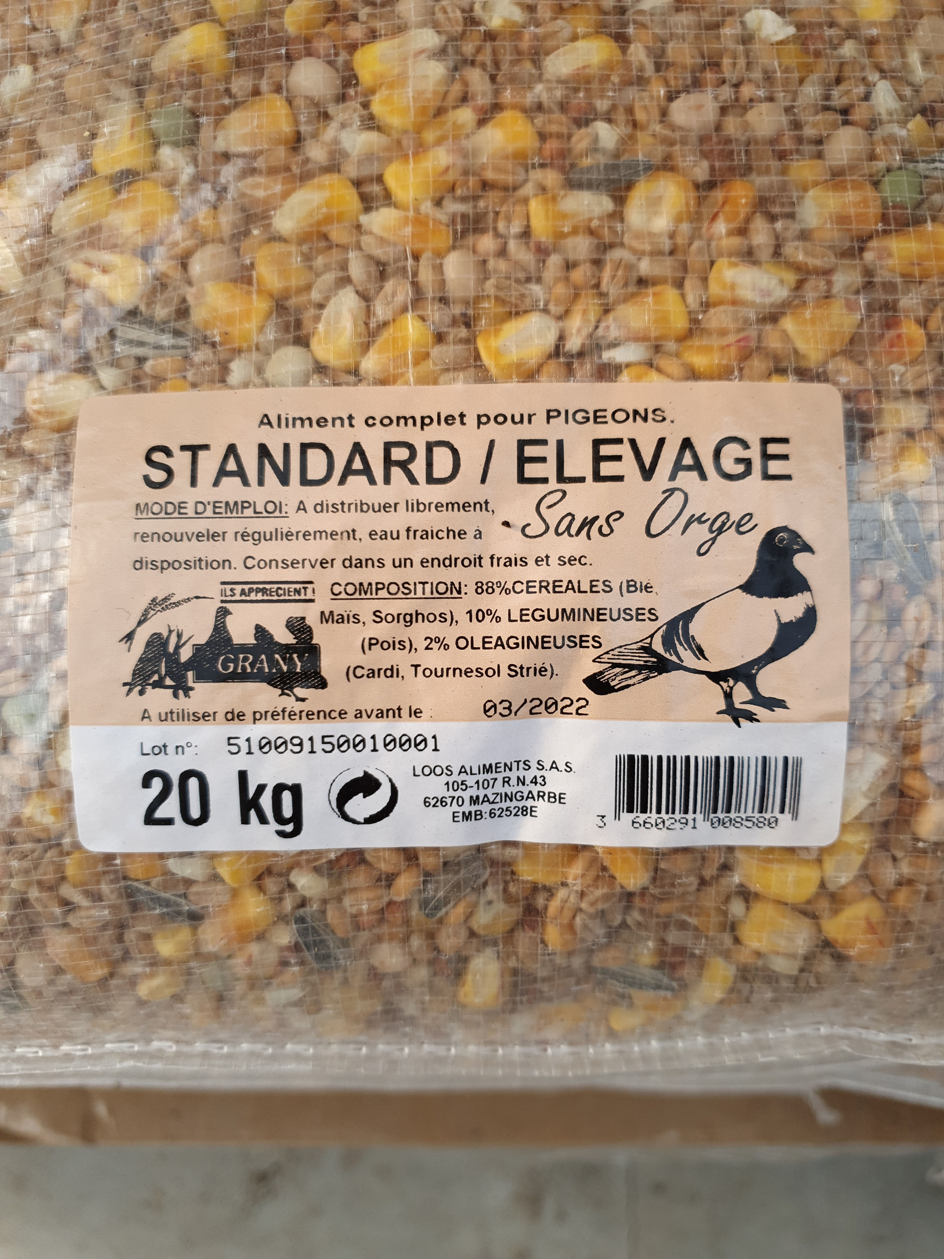 Standard élevage pigeons sans orge 20kg