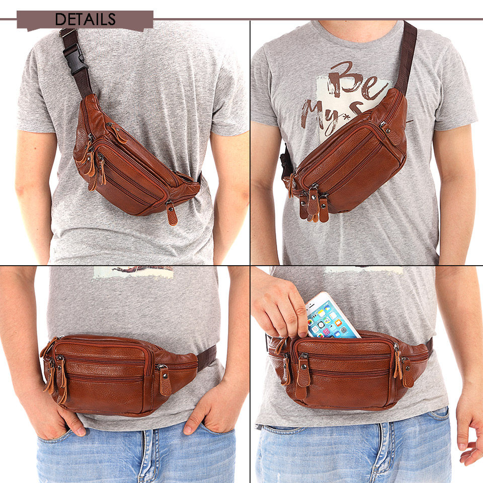 Miniatura: Bolsa de cintura masculina em couro genuíno para celular, estilo mensageiro.