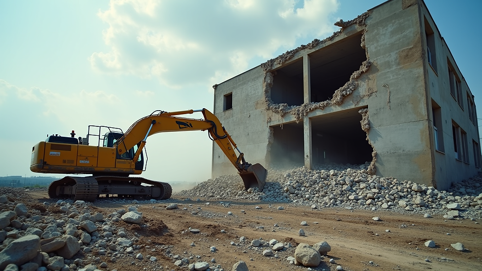 Eye-level view of heavy machinery demolishing a commercial building