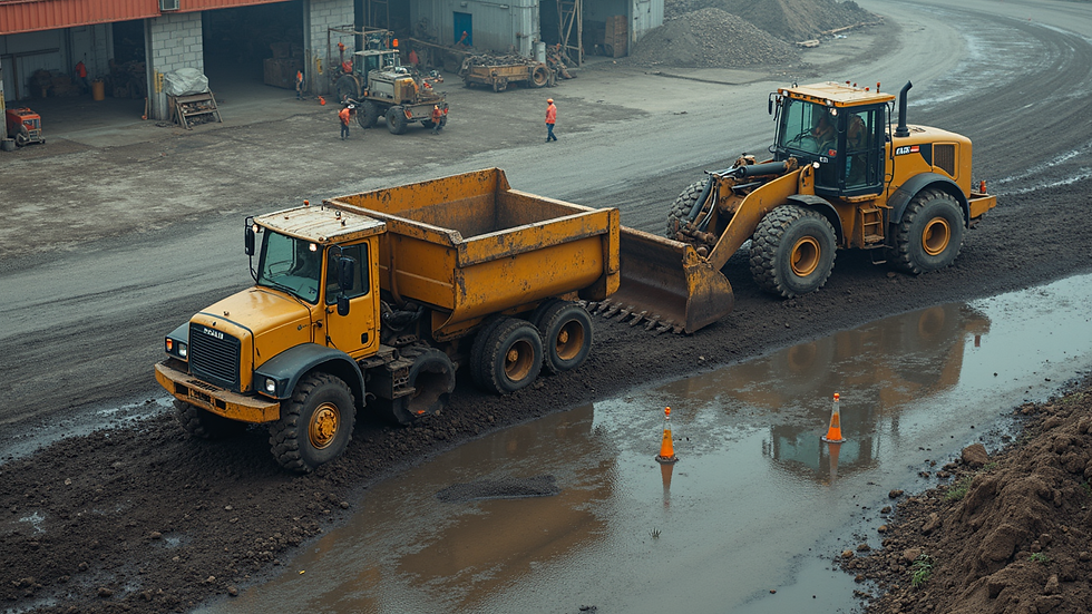 High angle view of cleanup crew operating heavy machinery at a commercial site