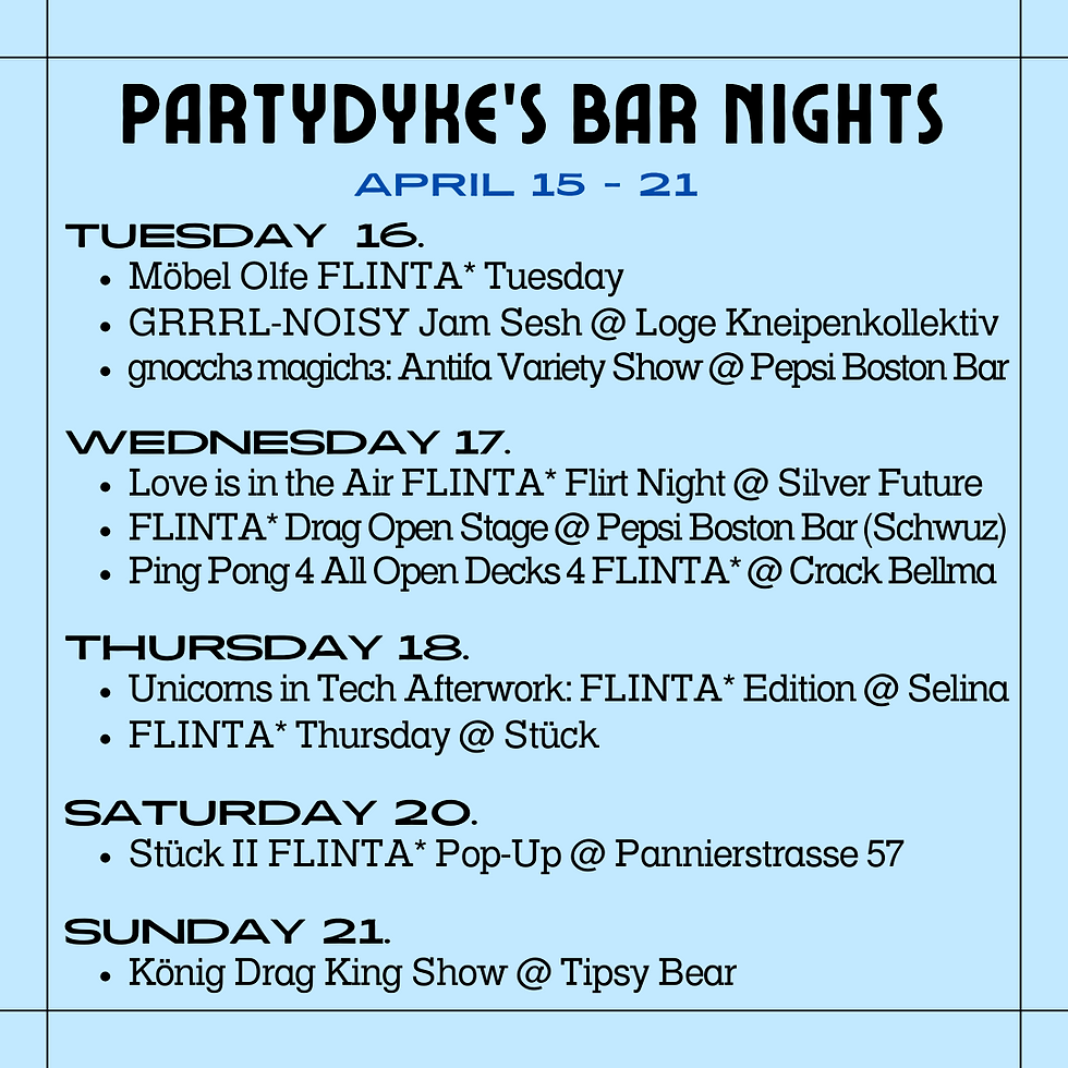 party dyke bar nights lesbian flinta queer events berlin March April 2024