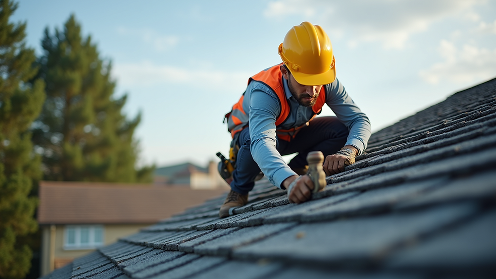 Eye-level view of a roofing contractor inspecting a residential roof