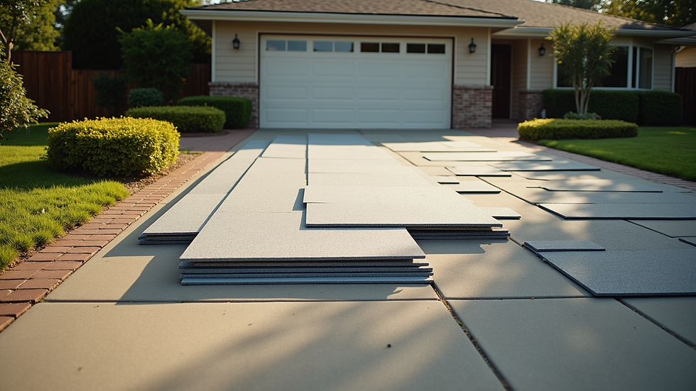 High angle view of roofing materials laid out on a driveway