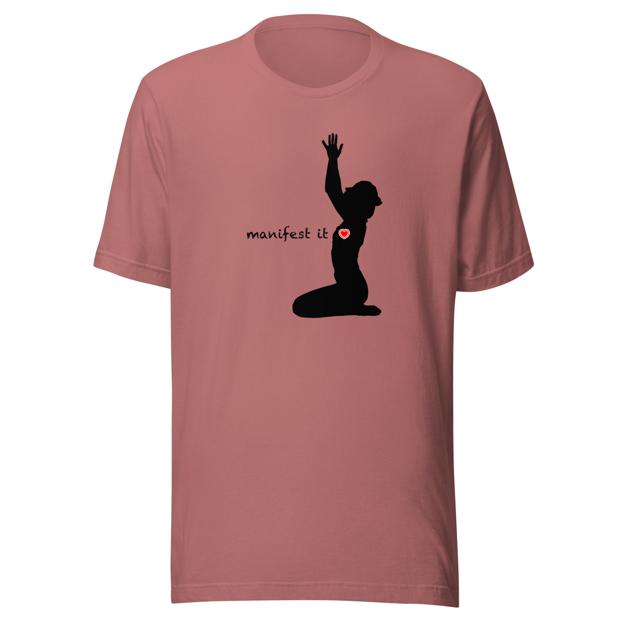 T-shirt with black silhouette of a woman kneeling, arms raised, with a red heart. "manifest it" text.