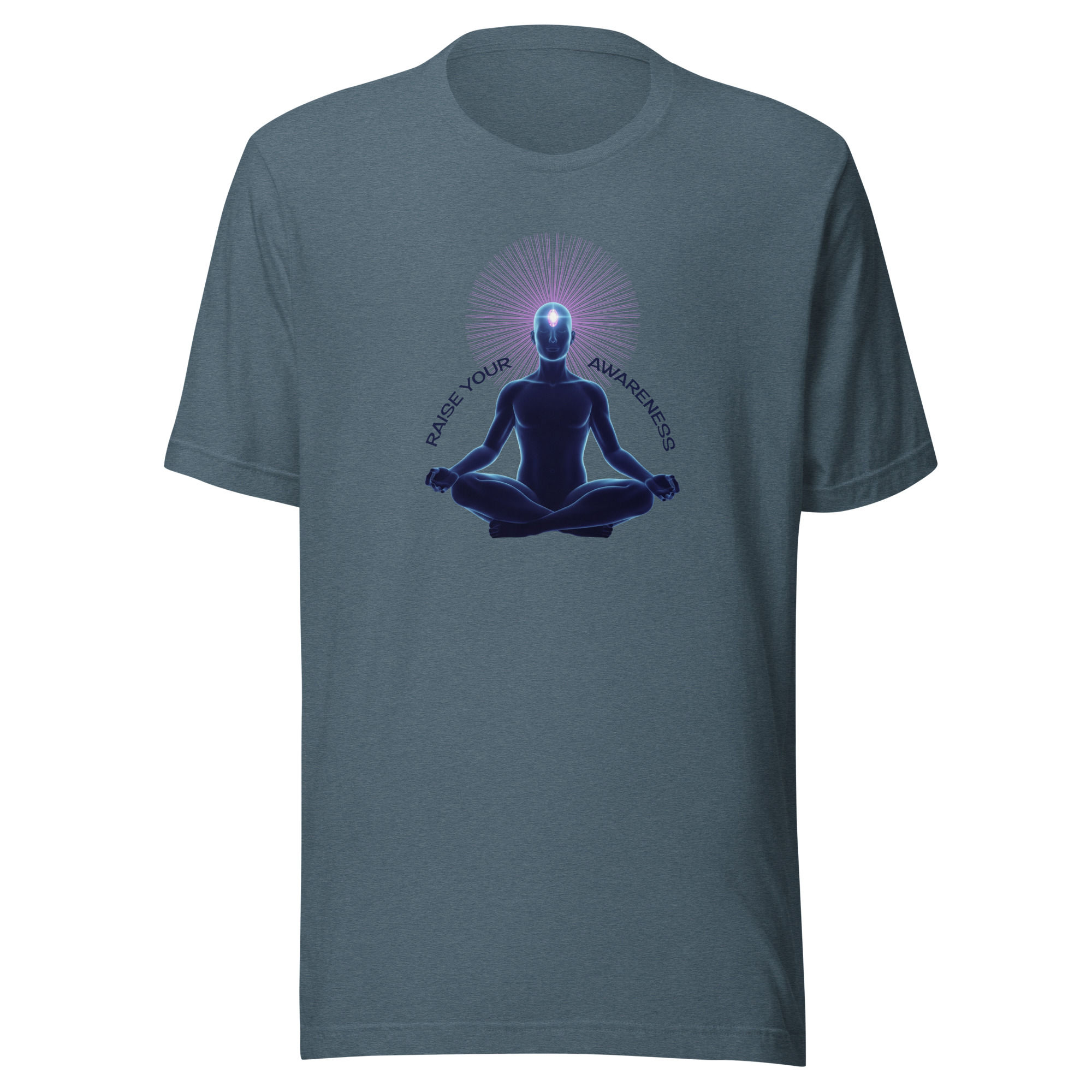 Meditating figure with glowing third eye and halo, "RAISE YOUR AWARENESS" text. Inspires intuition and expanded perception.