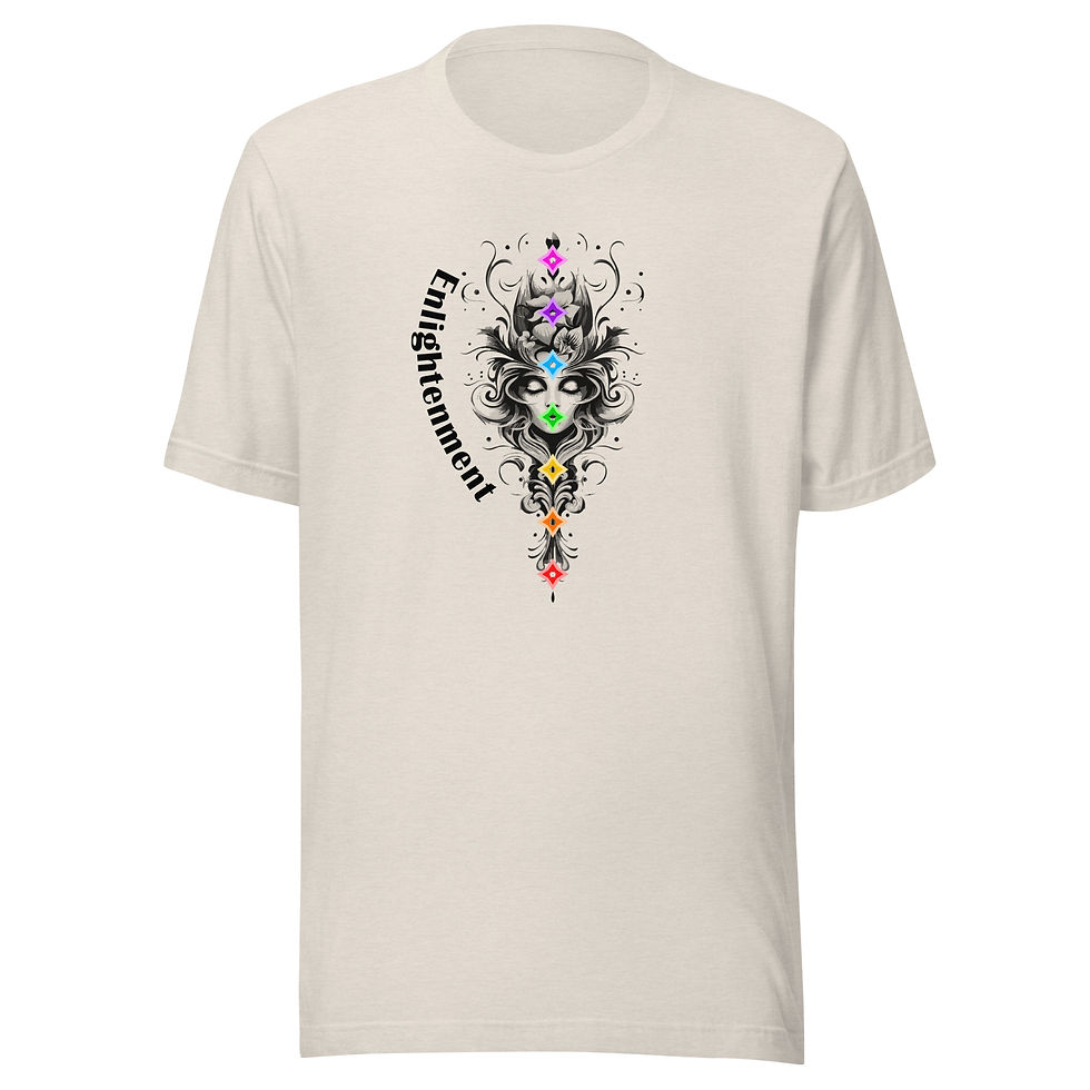 Thumbnail: Intricate gray design with ascending figure and colorful chakra symbols. "Enlightenment" text.