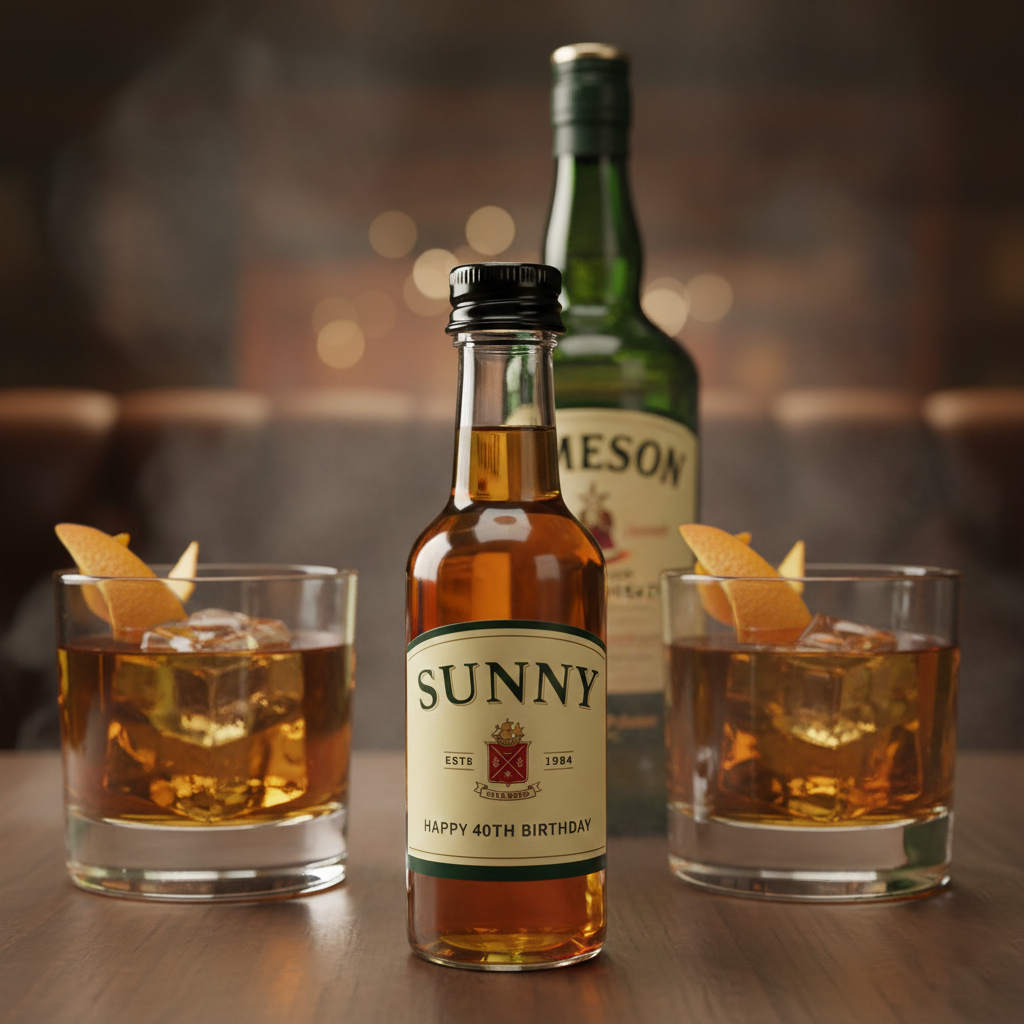 A 50ml jameson mini bottle with a personalised label on it for special occasions. Whiskey shot favours.