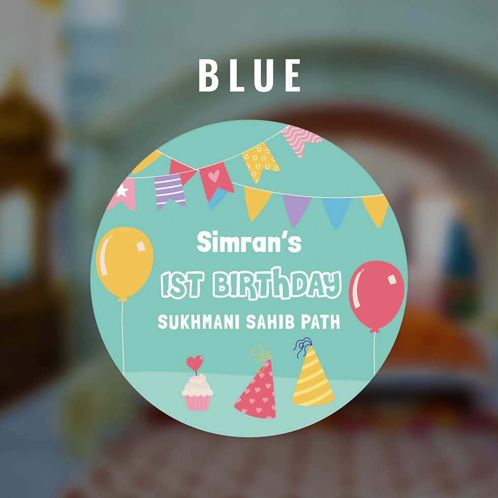 Thumbnail: blue 1st birthday party theme glossy sticker for a sikh boy girl 1st birthday sukhmani sahib path. Personalised sticker.
