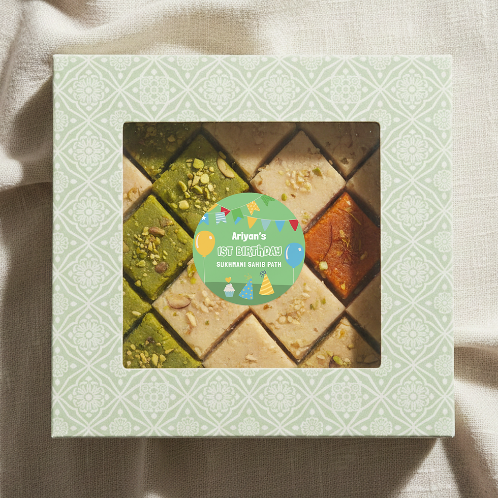 Thumbnail: glossy sticker for a sikh boy girl 1st birthday sukhmani sahib path. Personalised sticker on mithai barfi box