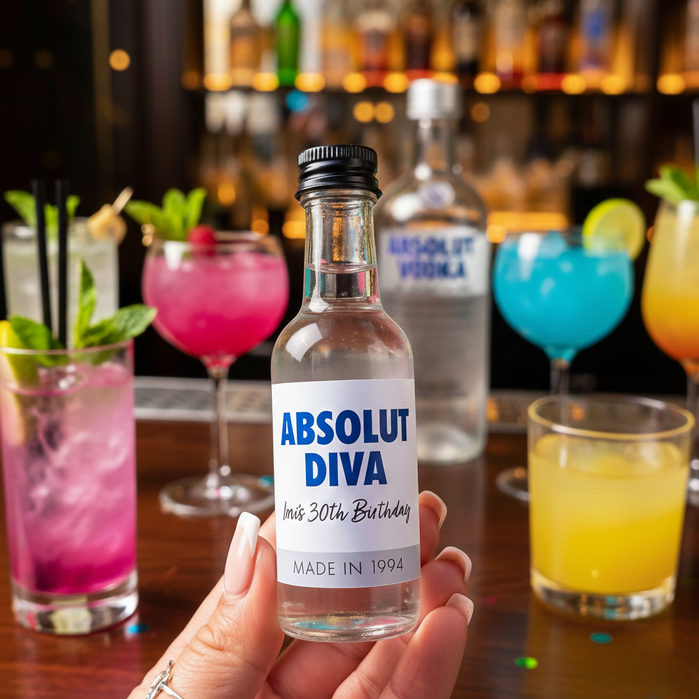 A 50ml absolut vodka mini bottle with a personalised label on it for special occasions. Absolut diva label for milestone