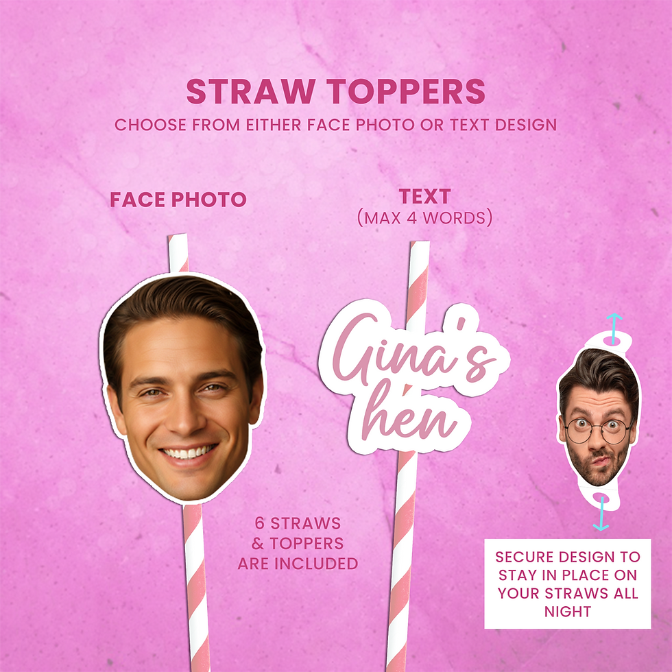 Thumbnail: Face photo straw toppers including pink straws, or custom text for a hen pink theme with straws