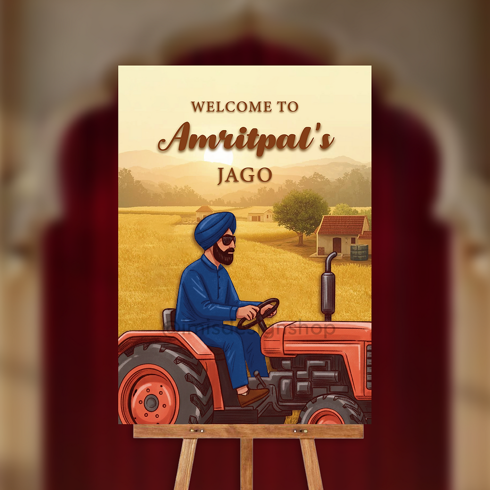 Thumbnail: Sikh groom wearing a navy blue kurta pajama, riding a red tractor. Illustrated hand drawn effect
