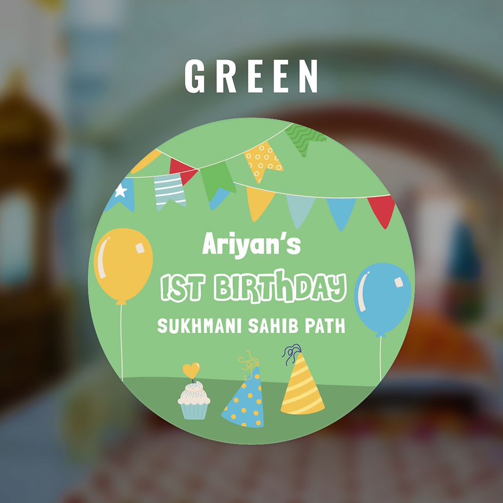 Thumbnail: green 1st birthday party theme glossy sticker for a sikh boy girl 1st birthday sukhmani sahib path. Personalised sticker.