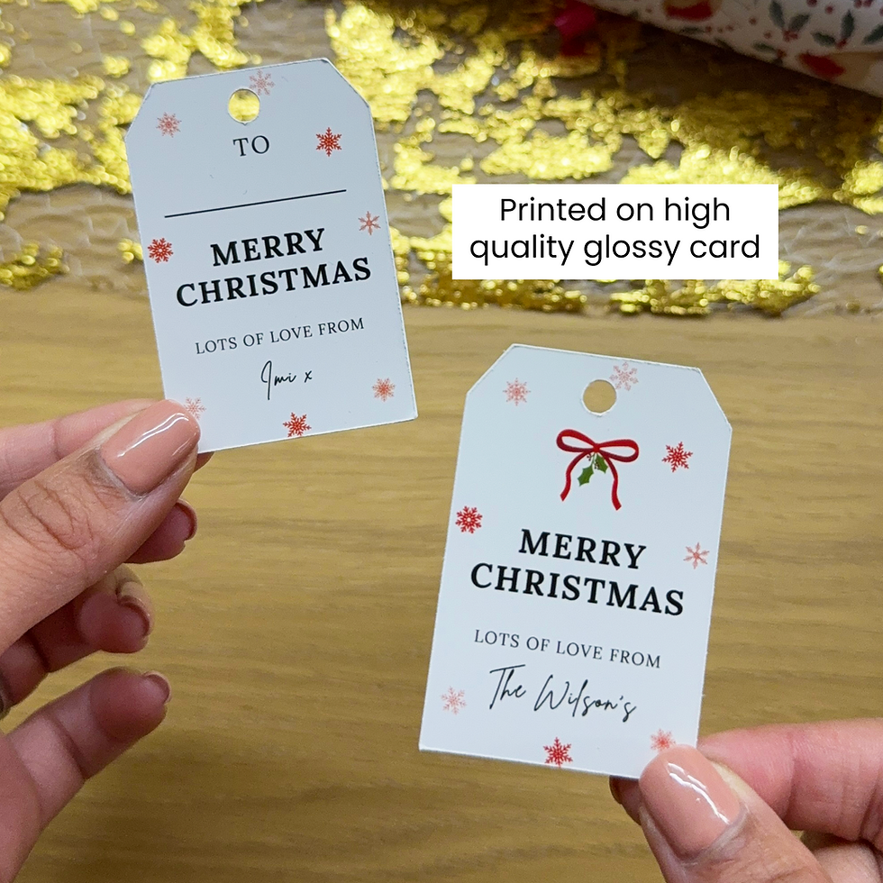 Thumbnail: Christmas tags with two different designs, one fully printed with personalised name. Handwritten recipient on the other.